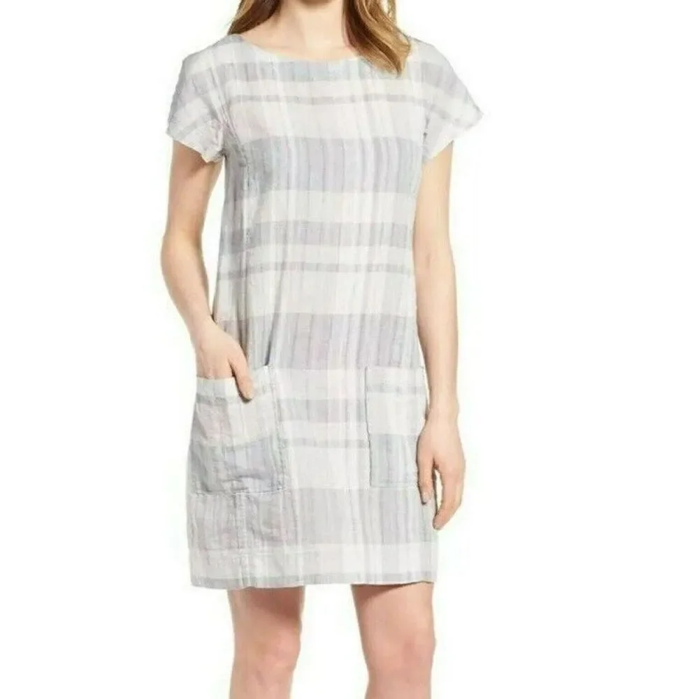 Eileen Fisher Size Small Airy Organic Linen Cotton Gray Plaid Shift Dress Pocket
